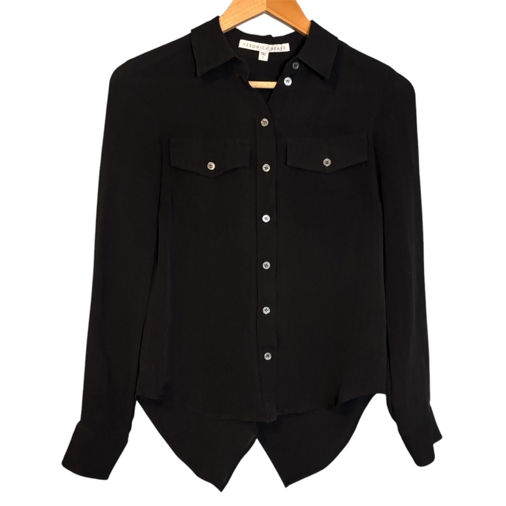 Veronica Beard Cross Back Silk Black Button-Up Blouse